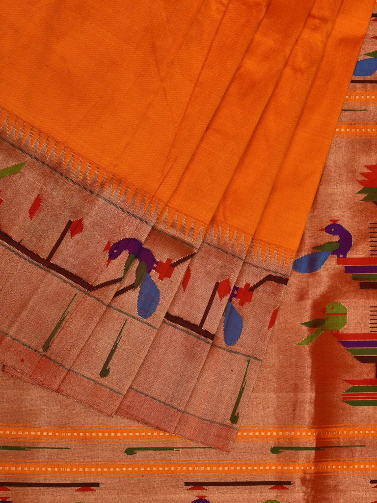 Yellow Paithani Silk Handloom Saree with Peacocks and Parrots Border Design p0467